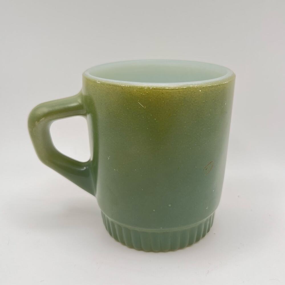 Vintage Fire King Avocado Green Ribbed Stacking Mug Milk Glass Anchor Hocking